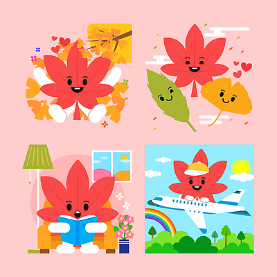 캐릭터 행복 분홍색 컬러 여행 단풍 잎 일러스트 모션 자연 비행기 사랑 그래픽 초록색 독서 노란색 귀여움 다양 그림 장면 일러캐릭터 AI파일 식물 감정 다수 컨셉 항공교통 대중교통 생태계 파일형식 벡터