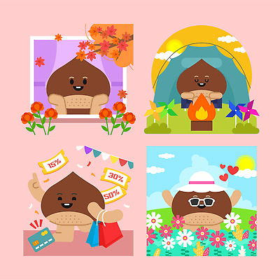 나무 캐릭터 계절 꽃 행복 컬러 일러스트 모션 자연 불꽃 휴식 주택 사랑 풍경 쇼핑 세일 귀여움 캠핑 분위기 밤 바람개비 밤캐릭터 아기자기 일러캐릭터 AI파일 식물 감정 컨셉 불 레저 건물 견과류 생태계 파일형식 벡터