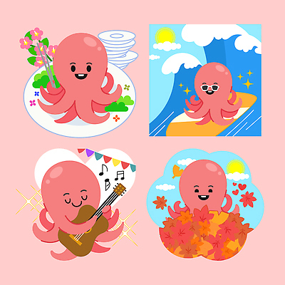 캐릭터 행복 음악 파도 컬러 백그라운드 단풍 잎 일러스트 요리 여러명 취미 귀여움 수중동물 기타 서핑 즐거움 문어 일러캐릭터 AI파일 식물 동물 감정 바다 다수 컨셉 현악기 문화예술 연체동물 사람 수상스포츠 파일형식 벡터