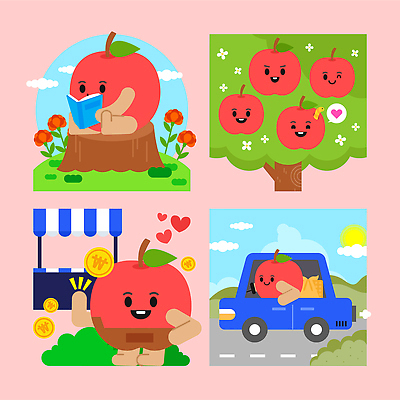 나무 캐릭터 행복 감정 여행 일러스트 모션 자동차 자연 풍경 책 독서 귀여움 상점 운전 표현 시장 사과 즐거움 일러캐릭터 AI파일 식물 육상교통 컨셉 과일 생태계 파일형식 벡터