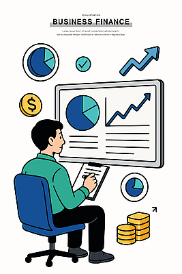 남자 돈 일러스트 비즈니스 통계 그래프 실험 금융 경제 컴퓨터 자료 계산기 성장 기록 분석 보고서 투자 전략 서류판 재정 국내일러스트 AI파일 컨셉 문구용품 사람 전자제품 사무용품 장비 재산 파일형식 벡터