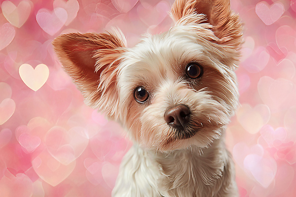 JPG 편집이미지 시선 분홍색 털 사랑 미소 반려동물 카메라 귀여움 하트 강아지 이미지편집 AI컴퓨터그래픽 AI콘텐츠 모양 동물 감정 컬러 컨셉 표정 전자제품 개 파일형식