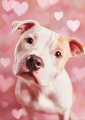 JPG 동물 편집이미지 시선 행복 감정 분홍색 백그라운드 표정 사랑 장식 반려동물 귀여움 하트 강아지 이미지편집 AI컴퓨터그래픽 AI콘텐츠 모양 컬러 컨셉 개 파일형식