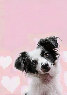 JPG 동물 편집이미지 분홍색 포즈 백그라운드 털 표정 사랑 반려동물 카메라 귀여움 검은색 흰색 하트 강아지 이미지편집 AI컴퓨터그래픽 AI콘텐츠 모양 감정 컬러 컨셉 전자제품 개 파일형식