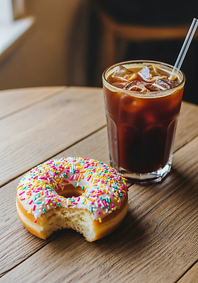 JPG 나무 편집이미지 음료 탁자 아침 디저트 카페 도넛 달콤 시원함 브런치 아이스커피 스프링클 편집실사 AI포토 AI콘텐츠 주간 식물 커피 음식 가구 장식 상점 식사 맛 CG 파일형식