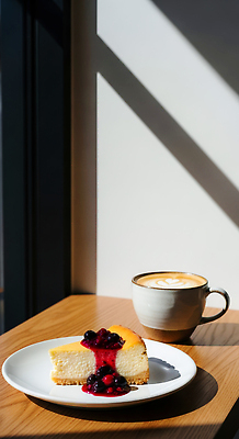 JPG 편집이미지 여유 커피 음료 음식 디저트 조명 빛 카페 달콤 맛 편안함 베리 치즈케이크 오후 편집실사 AI포토 AI콘텐츠 감정 컨셉 과일 케이크 상점 감각 CG 파일형식