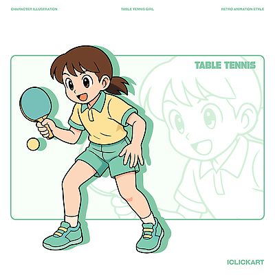 캐릭터 디자인 스포츠 포즈 일러스트 공 모션 시안 웃음 소녀 취미 운동 게임 탁구채 그리기 탁구 즐거움 복고 스타일 일러캐릭터 AI파일 여자 감정 어린이 놀이 표정 건강 구기 라켓 탁구용품 파일형식 벡터