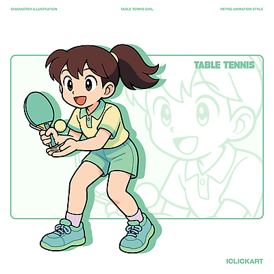 캐릭터 어린이 스포츠 유니폼 일러스트 탁자 미소 소녀 운동 경쟁 게임 라켓 탁구 즐거움 준비 복고 액티비티 일러캐릭터 AI파일 옷 여자 감정 스포츠용품 가구 컨셉 놀이 표정 건강 사람 구기 파일형식 벡터