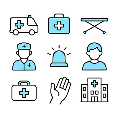 아이콘 의학 병원 안전 치료 환자 간호사 의사 응급 구출 응급치료 2D아이콘 AI파일 의료진 긴급 도움 파일형식 벡터