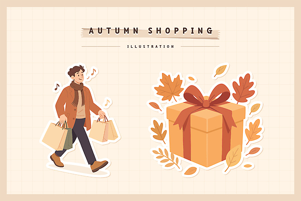 디자인 패션 남자 행복 컬러 단풍 일러스트 거리 선물 쇼핑 쇼핑백 유행 상점 기쁨 분위기 소비 즐거움 스타일 국내일러스트 AI파일 감정 컨셉 잎 가방 사람 파일형식 벡터
