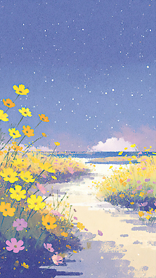 JPG 계절 꽃 감정 별 길 바다 컬러 꽃밭 일러스트 자연 하늘 풍경 해변 여름 평화 고요 산책 코스모스 뷰티풀 국내일러스트 AI일러스트 AI콘텐츠 자연요소 식물 컨셉 휴식 생태계 파일형식