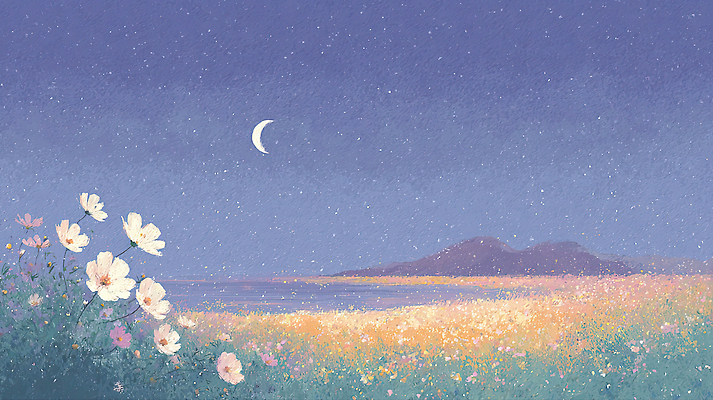JPG 꽃 별 여유 바다 꽃밭 일러스트 자연 밤하늘 하늘 산 풍경 해변 평화 고요 일몰 초승달 언덕 코스모스 풍경화 국내일러스트 AI일러스트 AI콘텐츠 자연요소 식물 감정 컨셉 노을 달 야간 그림 생태계 파일형식