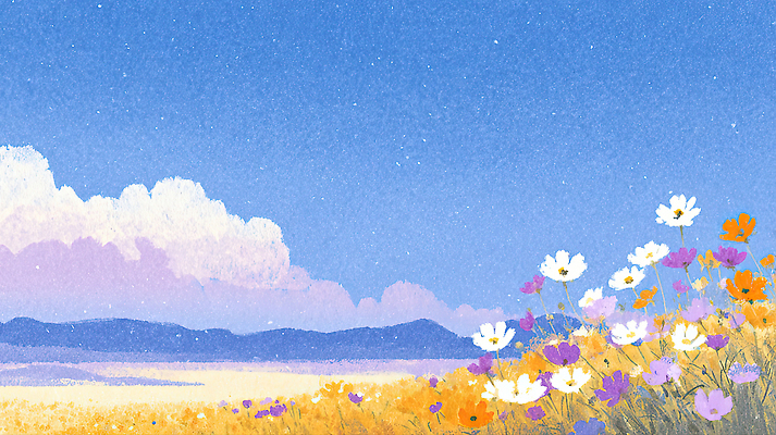 JPG 식물 꽃 감정 컬러 일러스트 자연 하늘 생명 풍경 여름 햇빛 평화 들꽃 땅 코스모스 조화 만개 뷰티풀 전경 국내일러스트 AI일러스트 AI콘텐츠 계절 컨셉 태양 생태계 파일형식 탑뷰