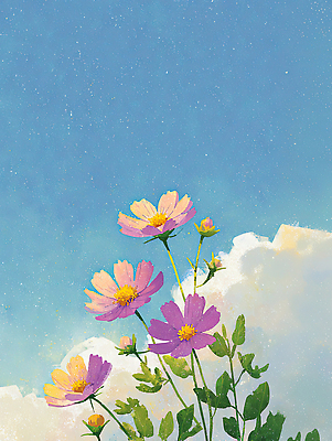 JPG 식물 꽃 예술 분홍색 컬러 잎 일러스트 자연 하늘 생명 밝음 풍경 일상 여름 햇빛 대기 코스모스 조화 뷰티풀 테마 국내일러스트 AI일러스트 AI콘텐츠 계절 라이프 태양 생태계 파일형식