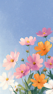 JPG 식물 계절 꽃 컬러 잎 패턴 일러스트 자연 하늘 아침 풍경 파란색 일출 정원 봄 코스모스 화사함 만개 뷰티풀 색감 국내일러스트 AI일러스트 AI콘텐츠 주간 컨셉 무늬 노을 생태계 파일형식