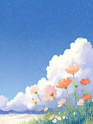 JPG 나무 꽃 컬러 일러스트 자연 하늘 생명 휴식 산 풍경 초원 여름 파란색 평화 정원 일몰 코스모스 그림 만개 뷰티풀 풍경화 국내일러스트 AI일러스트 AI콘텐츠 식물 계절 컨셉 노을 생태계 파일형식