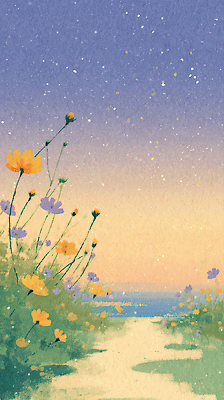 JPG 꽃 길 여유 바다 꽃밭 일러스트 자연 하늘 생명 풍경 일상 평화 고요 황혼 일몰 저녁 신비 코스모스 뷰티풀 색감 국내일러스트 AI일러스트 AI콘텐츠 식물 감정 컨셉 라이프 노을 야간 생태계 파일형식