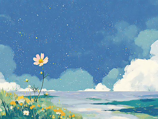 JPG 계절 꽃잎 컬러 꽃밭 일러스트 자연 바람 풍경 초원 해변 여름 평화 일출 일몰 들꽃 코스모스 흰구름 뷰티풀 국내일러스트 AI일러스트 AI콘텐츠 자연요소 꽃 바다 컨셉 날씨 노을 생태계 파일형식 구름_자연