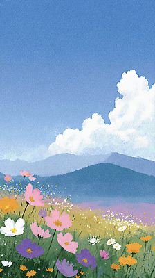 JPG 식물 계절 꽃 컬러 일러스트 자연 하늘 산 풍경 여름 파란색 편안함 코스모스 조화 뷰티풀 탐방 경관 국내일러스트 AI일러스트 AI콘텐츠 감각 생태계 파일형식