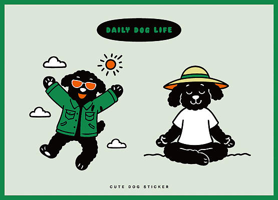 동물 캐릭터 디자인 패션 컬러 포즈 스티커 일러스트 모션 놀이 하늘 표정 웃음 초원 일상 태양 귀여움 개 강아지 즐거움 명상 일러캐릭터 AI파일 자연요소 감정 컨셉 포유류 라이프 반려동물 파일형식 벡터