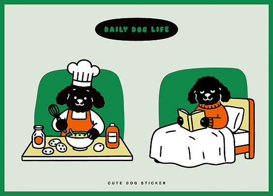 행복 스티커 일러스트 모션 요리 일상 책 반려동물 소파 독서 귀여움 주방 강아지 그림 레시피 식사준비 오후 초코칩쿠키 일러캐릭터 AI파일 동물 캐릭터 감정 컨셉 의자 라이프 개 준비 초코칩 초코쿠키 파일형식 벡터