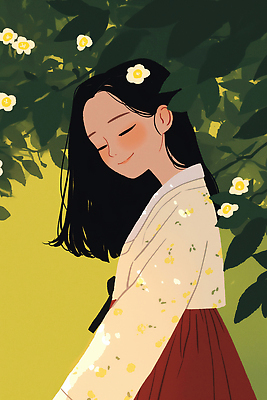 JPG 나무 전통 꽃 행복 감정 문화 백그라운드 잎 일러스트 자연 미소 소녀 일상 초록색 여름 햇빛 평화 봄 한복 뷰티풀 착용 국내일러스트 AI일러스트 AI콘텐츠 식물 한국전통 계절 여자 어린이 컬러 컨셉 표정 라이프 태양 전통의상 생태계 파일형식