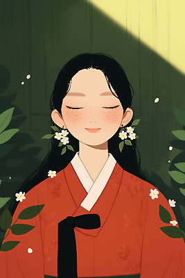 JPG 전통 꽃 행복 문화 일러스트 자연 한국 미소 소녀 일상 햇빛 평화 정원 전통의상 한복 즐거움 그림 머리장식 뷰티풀 국내일러스트 AI일러스트 AI콘텐츠 식물 한국전통 여자 감정 아시아 어린이 컨셉 표정 라이프 장식 태양 생태계 파일형식