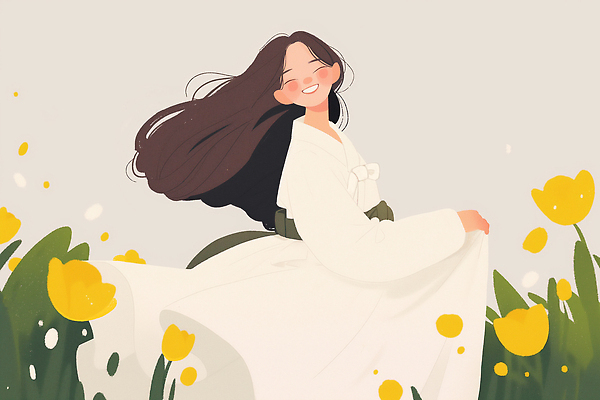 JPG 전통 패션 꽃 행복 문화 컬러 일러스트 자연 날씨 미소 웃음 풍경 소녀 노란색 봄 기쁨 자유 춤 한복 뷰티풀 스타일 국내일러스트 AI일러스트 AI콘텐츠 식물 한국전통 계절 여자 감정 어린이 컨셉 문화예술 표정 전통의상 생태계 파일형식