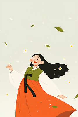 JPG 한국문화 계절 꽃잎 행복 여유 잎 일러스트 자연 바람 표정 미소 풍경 소녀 일상 기쁨 춤 전통의상 한복 즐거움 뷰티풀 국내일러스트 AI일러스트 AI콘텐츠 자연요소 식물 동양문화 한국전통 전통 여자 꽃 감정 어린이 날씨 문화예술 한국 라이프 생태계 파일형식