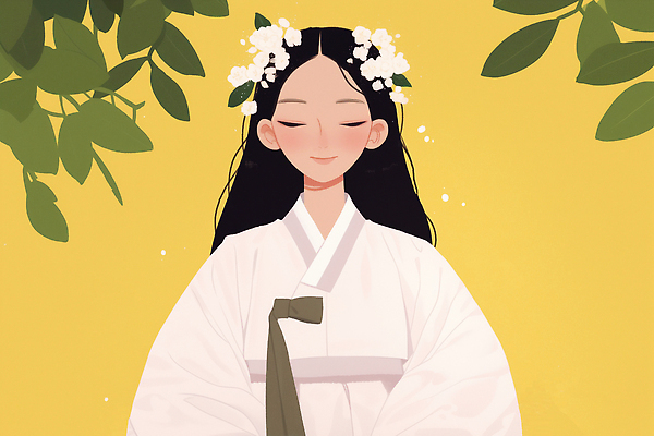 JPG 전통 헤어스타일 여자 꽃 감정 문화 백그라운드 꽃밭 일러스트 자연 한국 미소 머리 평화 한복 머리장식 화사함 조화 뷰티풀 스타일 차분 국내일러스트 AI일러스트 AI콘텐츠 식물 한국전통 아시아 컨셉 표정 사람 신체부위 장식 전통의상 생태계 파일형식