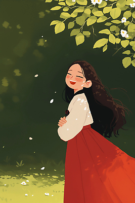 JPG 전통 긴머리 꽃잎 행복 감정 어린이 컬러 잎 일러스트 자연 미소 웃음 풍경 소녀 햇빛 귀여움 봄 산책 숲 한복 조화 국내일러스트 AI일러스트 AI콘텐츠 식물 한국전통 헤어스타일 계절 여자 꽃 컨셉 휴식 표정 사람 태양 전통의상 생태계 파일형식