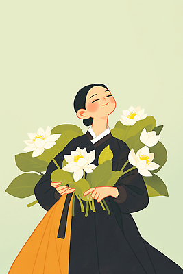 JPG 식물 여자 꽃 행복 일러스트 자연 한국 연꽃 미소 소녀 초록색 여름 소리 기쁨 포근함 전통의상 한복 식물원 수국 밝은색 뷰티풀 국내일러스트 AI일러스트 AI콘텐츠 한국전통 전통 계절 감정 아시아 어린이 컬러 표정 사람 감각 생태계 파일형식