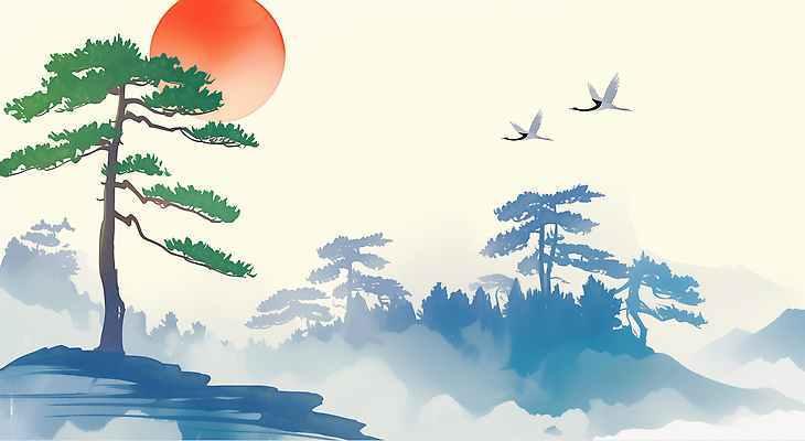 JPG 나무 전통 여유 예술 일러스트 자연 하늘 아침 산 풍경 태양 평화 맑음 고요 학 그림 조화 뷰티풀 색감 국내일러스트 AI일러스트 AI콘텐츠 주간 자연요소 식물 감정 컨셉 조류 날씨 생태계 파일형식