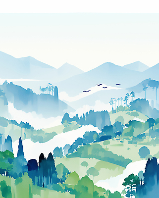 JPG 컬러 여행 일러스트 자연 조류 아침 산 풍경 파란색 강 평화 숲 조화 풍요 목가 전경 국내일러스트 AI일러스트 AI콘텐츠 주간 동물 컨셉 생태계 파일형식 탑뷰