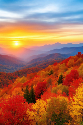 JPG 나무 편집이미지 컬러 자연 하늘 산 풍경 빨간색 노란색 일출 계곡 일몰 저녁 뷰티풀 편집실사 AI포토 AI콘텐츠 식물 노을 야간 CG 생태계 파일형식