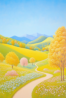 JPG 나무 식물 꽃 길 일러스트 자연 하늘 산 따뜻함 풍경 초원 초록색 햇빛 평화 봄 가을 화사함 조화 뷰티풀 색감 풍요 국내일러스트 AI일러스트 AI콘텐츠 계절 컬러 컨셉 태양 생태계 파일형식