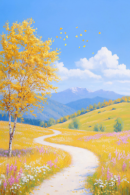 JPG 나무 꽃 길 컬러 일러스트 자연 하늘 산 풍경 초원 여름 햇빛 가을 조화 산맥 국내일러스트 AI일러스트 AI콘텐츠 식물 계절 태양 생태계 파일형식