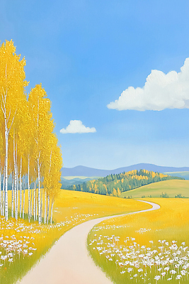 JPG 꽃 길 여행 일러스트 자연 하늘 산 풍경 초원 여름 파란색 햇빛 금색 가을 자작나무 뷰티풀 풍경화 국내일러스트 AI일러스트 AI콘텐츠 나무 식물 계절 컬러 태양 그림 생태계 파일형식