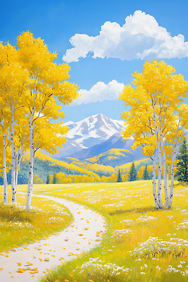 JPG 나무 길 일러스트 자연 하늘 휴식 산 풍경 초원 취미 평화 산책 가을 흰색 시골 숲 뷰티풀 풍경화 국내일러스트 AI일러스트 AI콘텐츠 식물 계절 컬러 컨셉 그림 생태계 파일형식