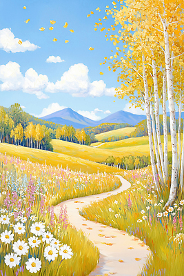 JPG 나무 꽃 길 예술 일러스트 자연 하늘 산 풍경 파란색 평화 들꽃 금색 가을 뷰티풀 풍경화 국내일러스트 AI일러스트 AI콘텐츠 식물 계절 컬러 컨셉 그림 생태계 파일형식