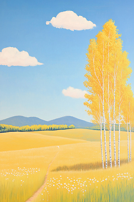 JPG 나무 식물 길 일러스트 자연 하늘 날씨 산 풍경 초원 여름 들꽃 가을 시골 자작나무 리듬 국내일러스트 AI일러스트 AI콘텐츠 계절 꽃 생태계 파일형식