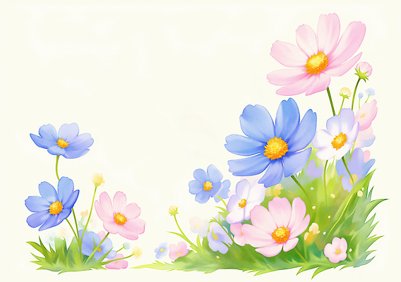 JPG 식물 디자인 꽃 화초 예술 컬러 일러스트 봄꽃 자연 생명 풍경 잔디 초원 평화 봄 코스모스 화사함 뷰티풀 색채 풍경화 국내일러스트 AI일러스트 AI콘텐츠 계절 컨셉 그림 생태계 파일형식