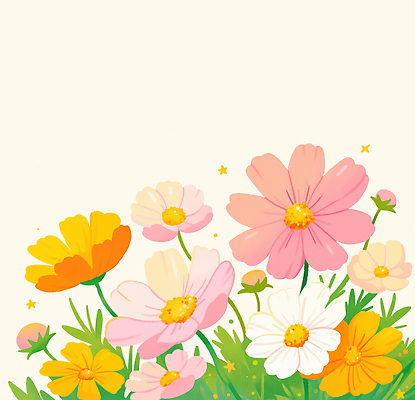 JPG 식물 디자인 꽃 예술 분홍색 컬러 백그라운드 일러스트 자연 풍경 잔디 노란색 정원 봄 흰색 꽃집 코스모스 향기 화사함 뷰티풀 아기자기 국내일러스트 AI일러스트 AI콘텐츠 계절 컨셉 상점 생태계 냄새 파일형식