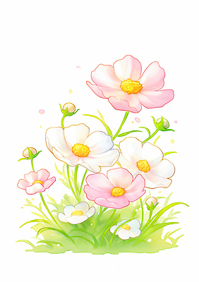 JPG 식물 꽃 화초 컬러 일러스트 자연 생명 풍경 잔디 초록색 여름 햇빛 정원 봄 코스모스 부드러움 화사함 뷰티풀 생동감 풍요 국내일러스트 AI일러스트 AI콘텐츠 계절 컨셉 태양 감각 생태계 파일형식