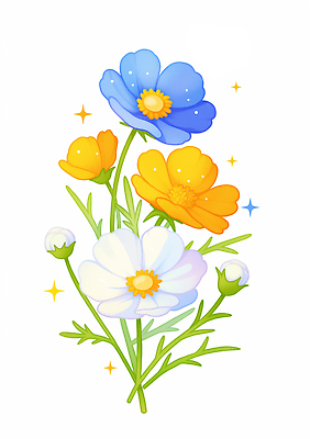 JPG 식물 디자인 꽃 예술 컬러 꽃다발 잎 일러스트 자연 생명 여름 파란색 반짝임 주황색 봄 흰색 신선 그리기 코스모스 화사함 뷰티풀 국내일러스트 AI일러스트 AI콘텐츠 계절 컨셉 모션 생태계 파일형식