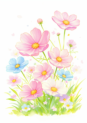 JPG 식물 꽃잎 꽃 화초 분홍색 컬러 하늘색 꽃밭 일러스트 자연 생명 수채화 풍경 잔디 정원 봄 코스모스 식물원 뷰티풀 국내일러스트 AI일러스트 AI콘텐츠 계절 파란색 생태계 파일형식