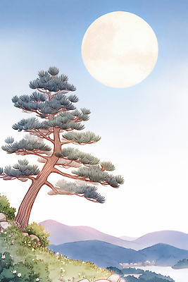 JPG 나무 여유 일러스트 자연 하늘 산 밝음 풍경 잔디 파란색 고요 일몰 달 흰색 소나무 저녁 땅 조용 국내일러스트 AI일러스트 AI콘텐츠 자연요소 식물 감정 컬러 노을 야간 생태계 파일형식