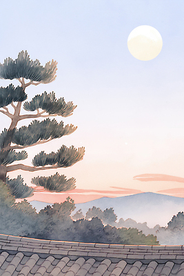 JPG 나무 전통 백그라운드 일러스트 자연 하늘 산 한국 풍경 평화 고요 일몰 달 저녁 풍요 국내일러스트 AI일러스트 AI콘텐츠 자연요소 식물 아시아 컨셉 노을 야간 생태계 파일형식