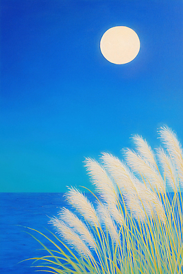 JPG 식물 바다 일러스트 자연 하늘 풍경 일상 여름 파란색 평화 고요 일몰 달 수면 분위기 저녁 억새 감성 조화 뷰티풀 국내일러스트 AI일러스트 AI콘텐츠 자연요소 계절 컬러 컨셉 라이프 물 노을 야간 생태계 파일형식