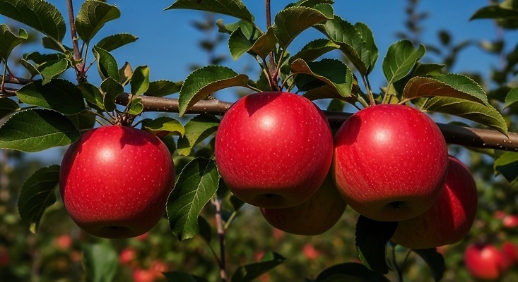 JPG 나무 편집이미지 과일 자연 하늘 풍경 빨간색 여름 햇빛 농장 수확 사과 과수원 과일나무 목가 편집실사 AI포토 AI콘텐츠 식물 계절 컬러 농업 태양 CG 생태계 파일형식
